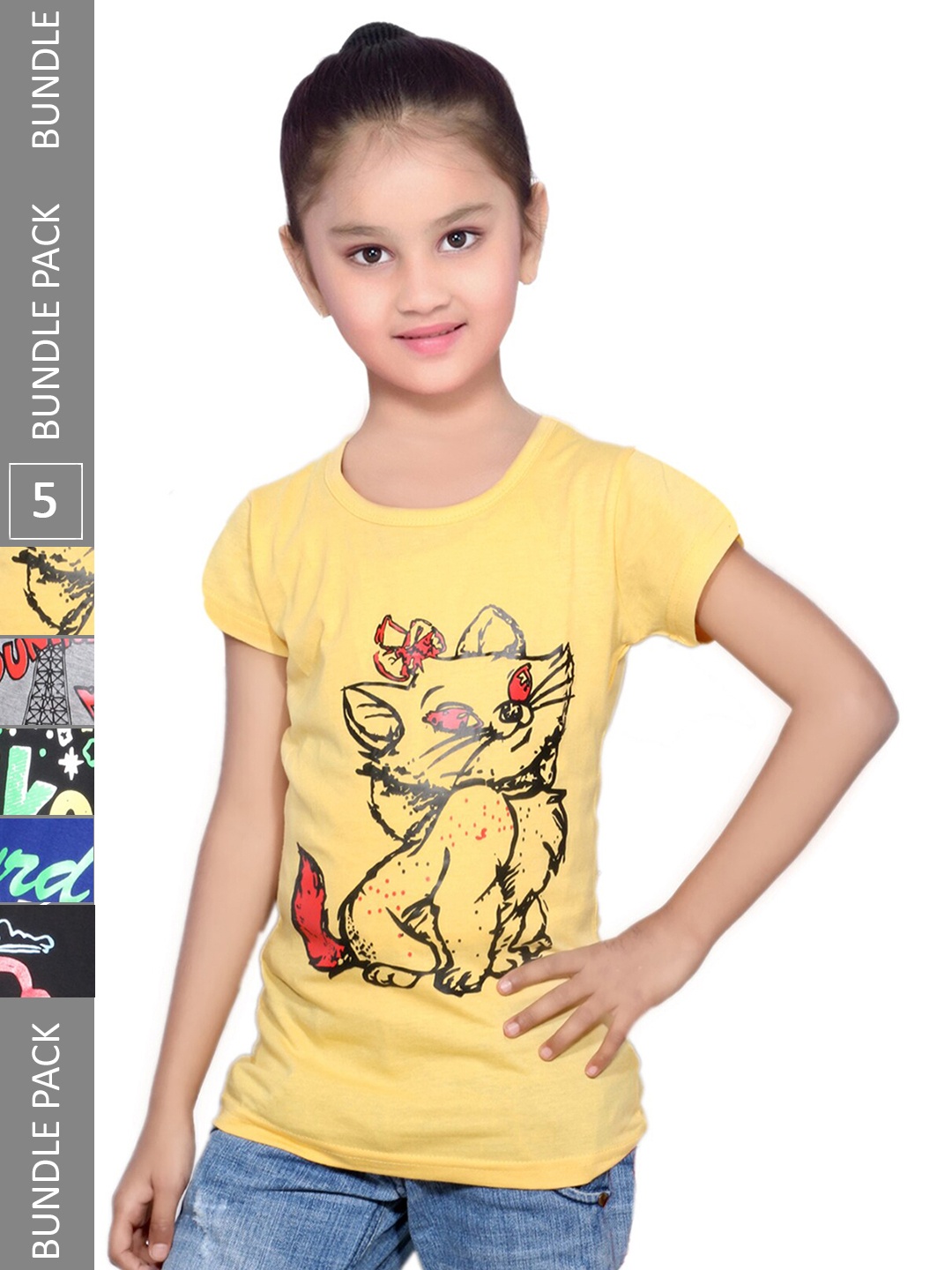 

IndiWeaves Girls Pack Of 5 Printed Cotton T-shirts, Yellow