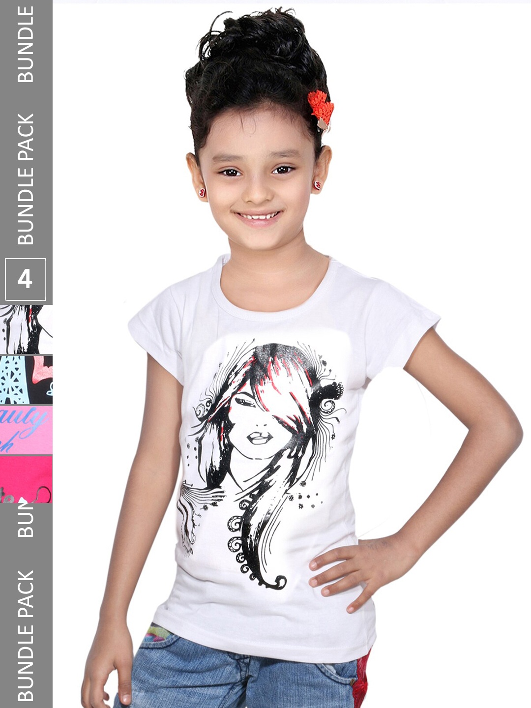 

IndiWeaves Girls Pack Of 4 Printed Round Neck Cotton T-shirt, White