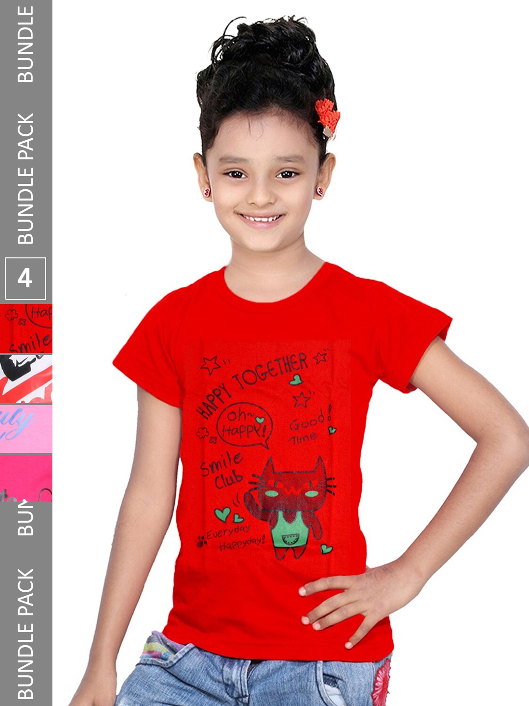 

IndiWeaves Girls Pack Of 4 Printed Cotton T-shirts, Red