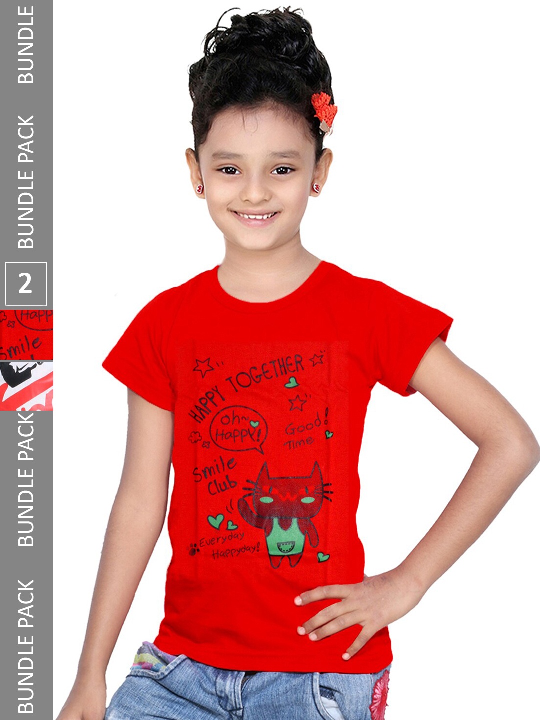 

IndiWeaves Girls Pack Of 2 Graphic Printed Pure Cotton T-shirt, Red