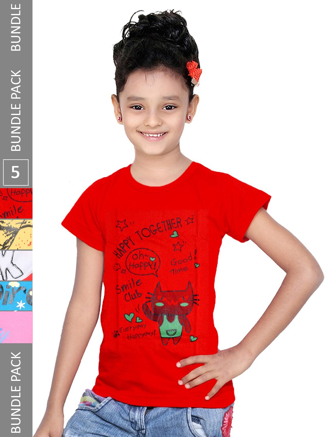

IndiWeaves Girls Pack of 5 Printed Cotton T-shirts, Red