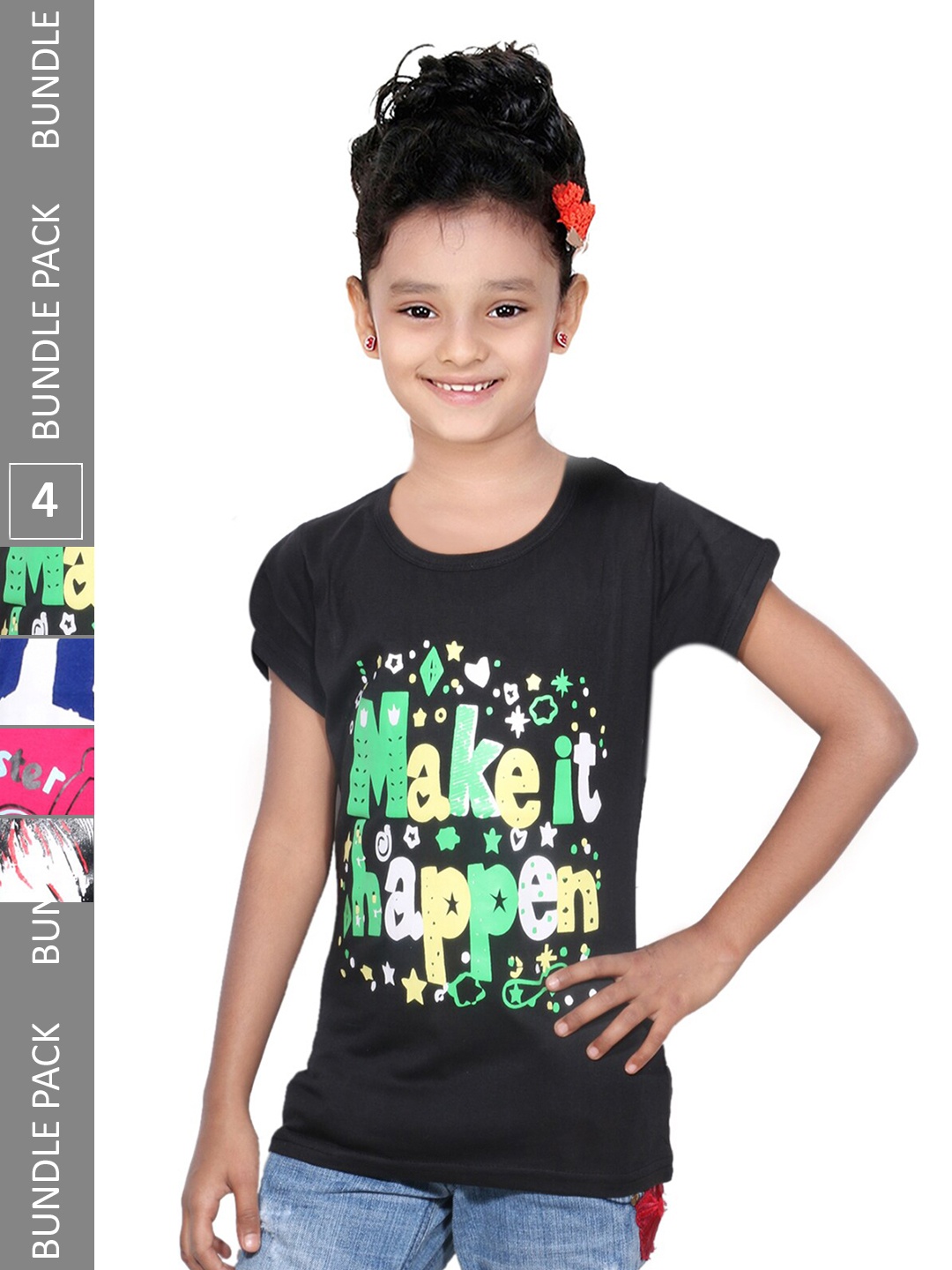 

IndiWeaves Girls Pack of 4 Typography Printed Cotton T-shirt, Black