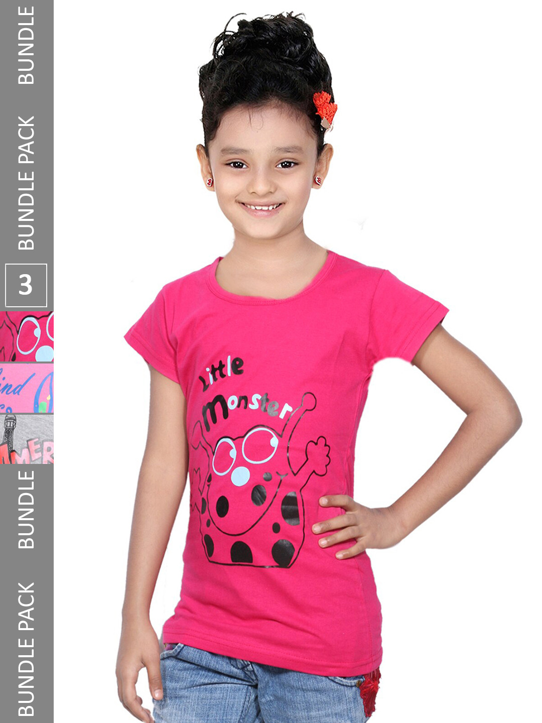 

IndiWeaves Girls Pack Of 3 Printed Cotton T-shirts, Pink