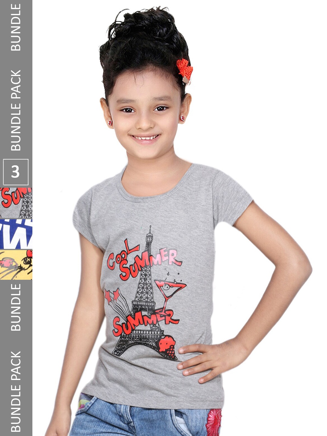 

IndiWeaves Girls Pack Of 3 Printed Cotton T-shirt, Grey melange