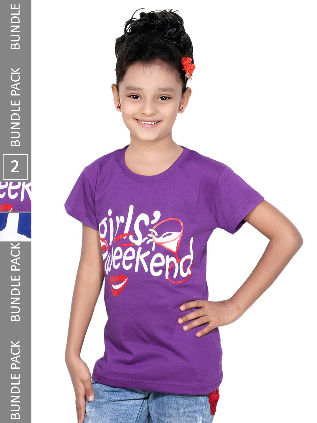 

IndiWeaves Girls Pack of 2 Typography Printed Regular Fit Cotton T-shirt, Purple