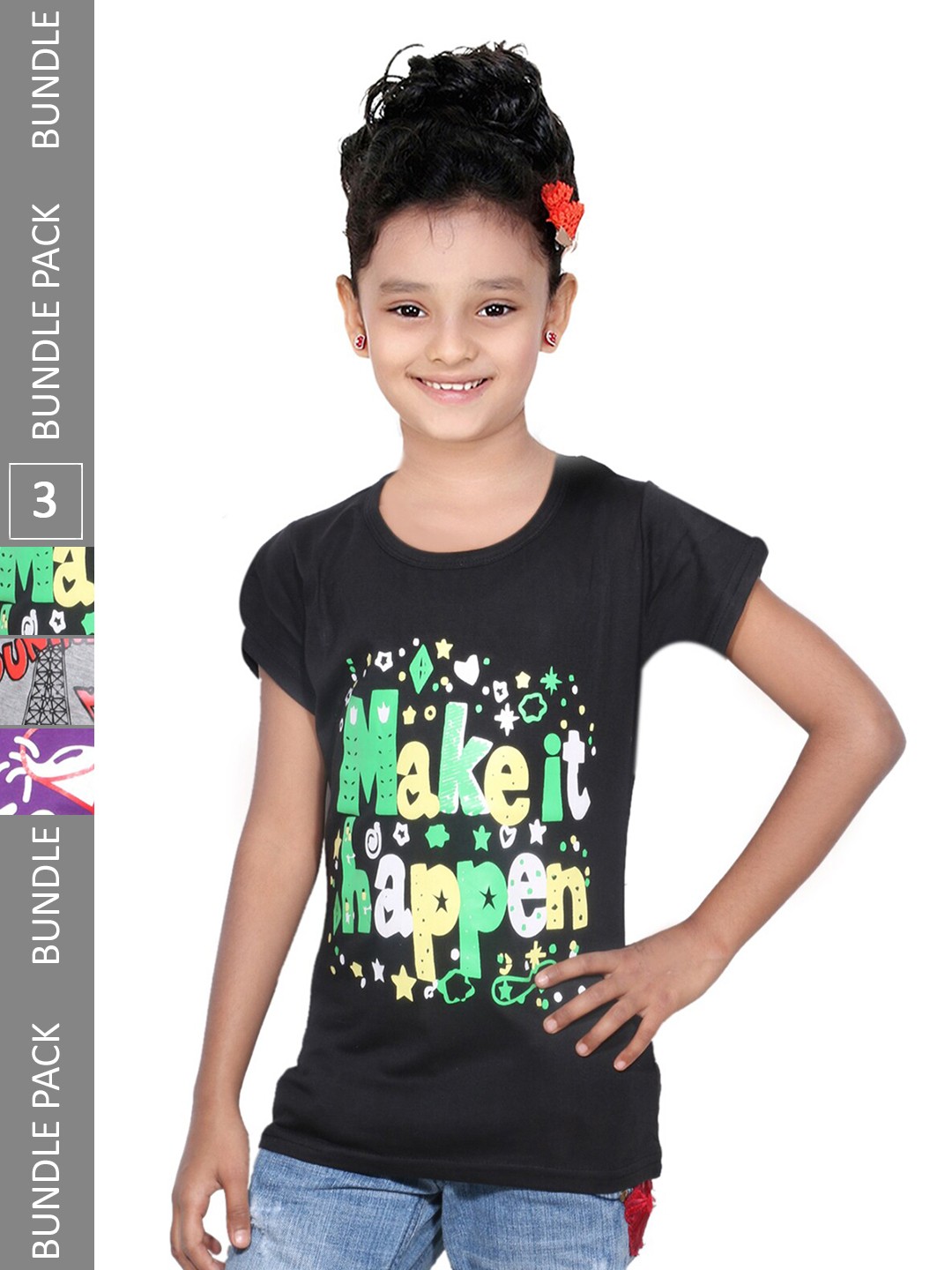 

IndiWeaves Girls Pack of 3 Typography Printed Cotton T-shirt, Black