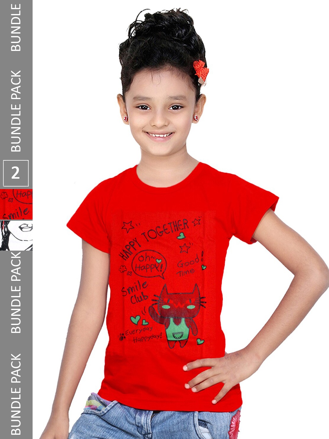 

IndiWeaves Girls Pack Of 2 Printed Cotton T-shirts, Red