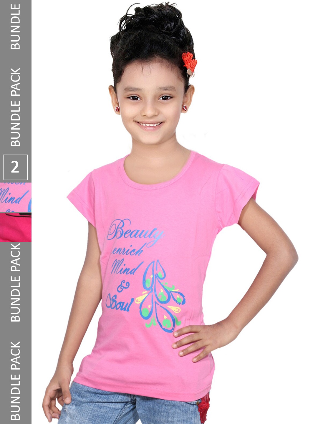 

IndiWeaves Pack Of 2 Girls Typography Printed Round Neck Cotton Casual T Shirt, Pink