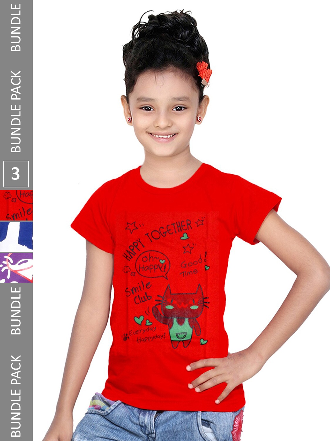 

IndiWeaves Girls Pack Of 3 Printed Cotton T-shirts, Red