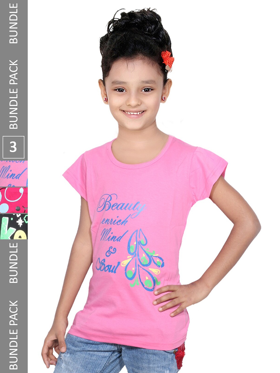 

IndiWeaves Girls Pack of 3 Typography Printed Regular Fit Cotton T-shirt, Pink