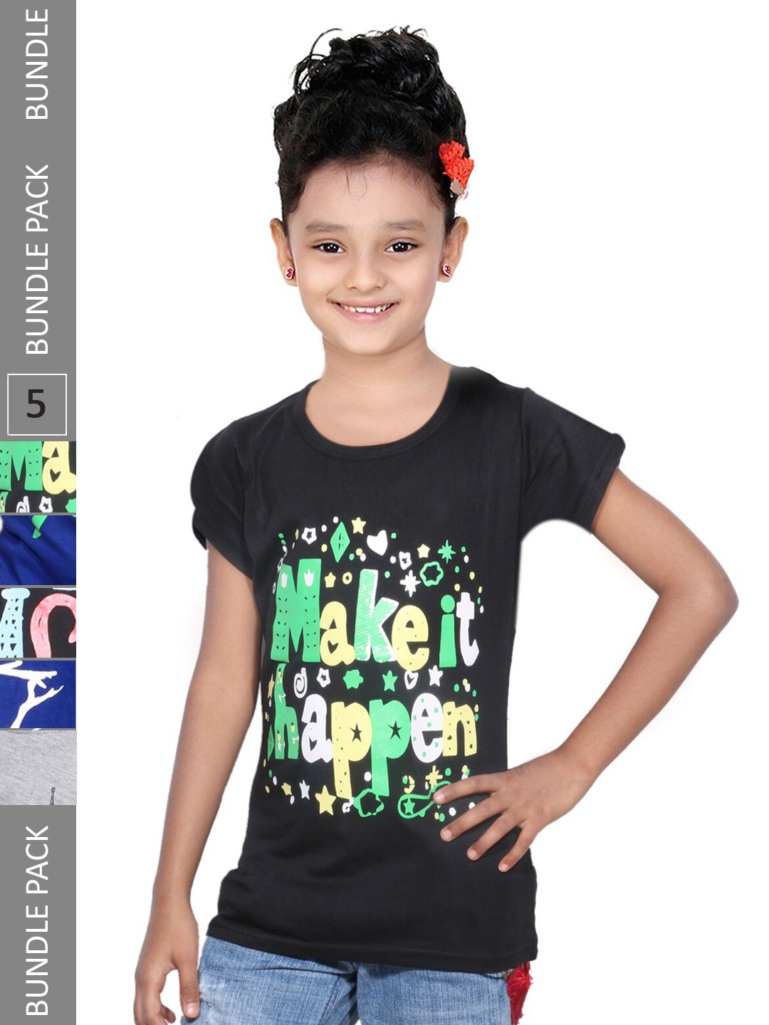

IndiWeaves Girls Pack Of 5 Printed Pure Cotton T-shirt, Black