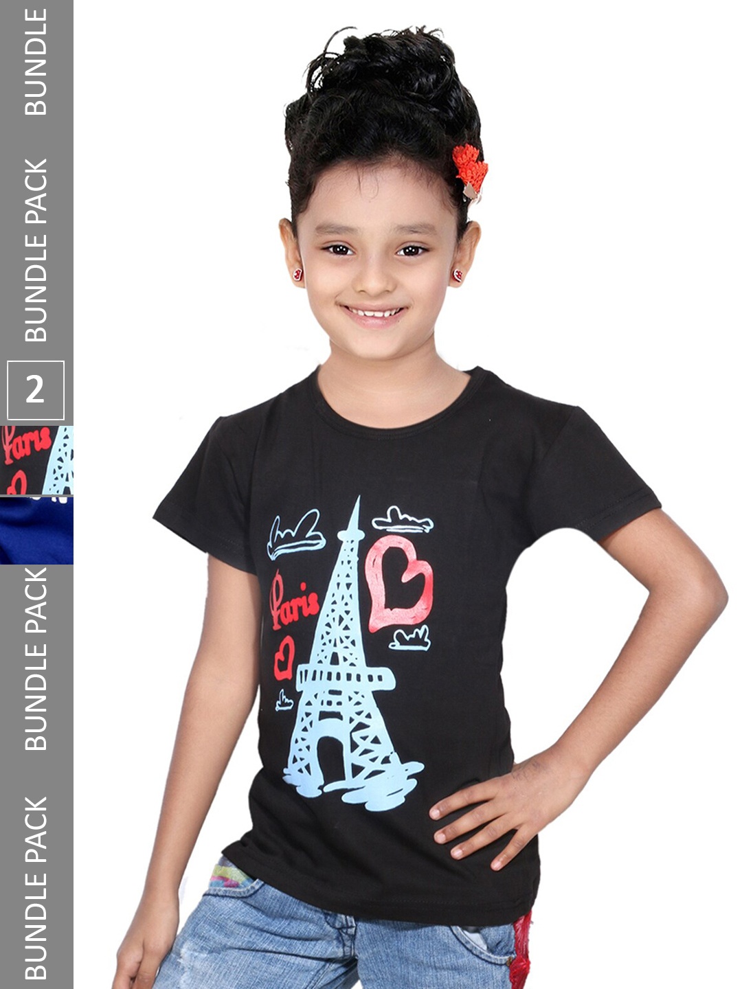 

IndiWeaves Girls Pack of 2 Typography Printed Regular Fit Cotton T-shirt, Black