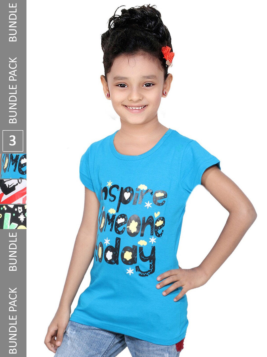 

IndiWeaves Girls Pack Of 3 Typography Printed Cotton T-shirt, Blue