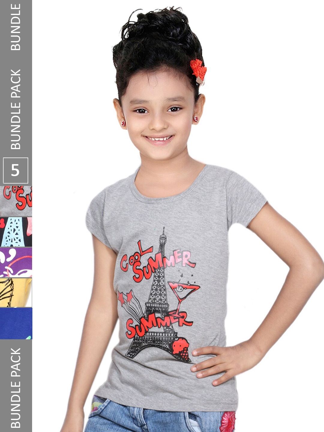 

IndiWeaves Girls Pack Of 5 Printed Round Neck Cotton T-shirt, Grey