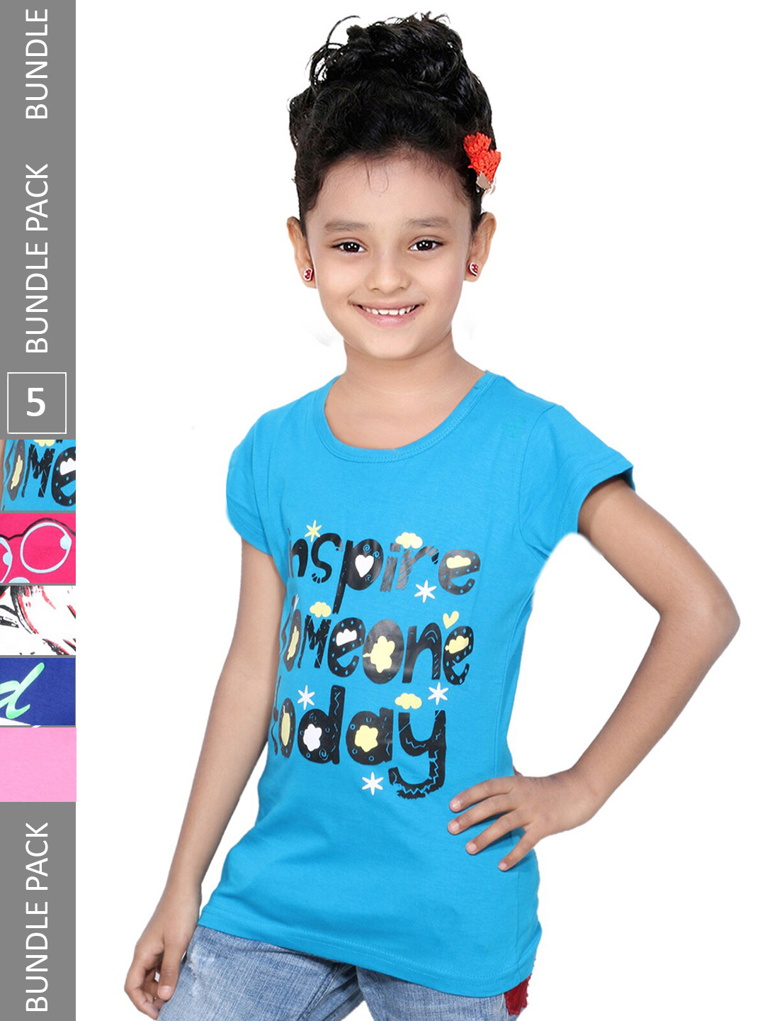 

IndiWeaves Girls Pack Of 5 Graphic Printed Cotton T-Shirt, Blue