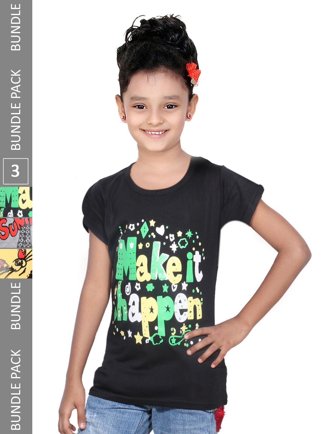 

IndiWeaves Girls Pack Of 3 Graphic Printed Cotton T-Shirt, Black