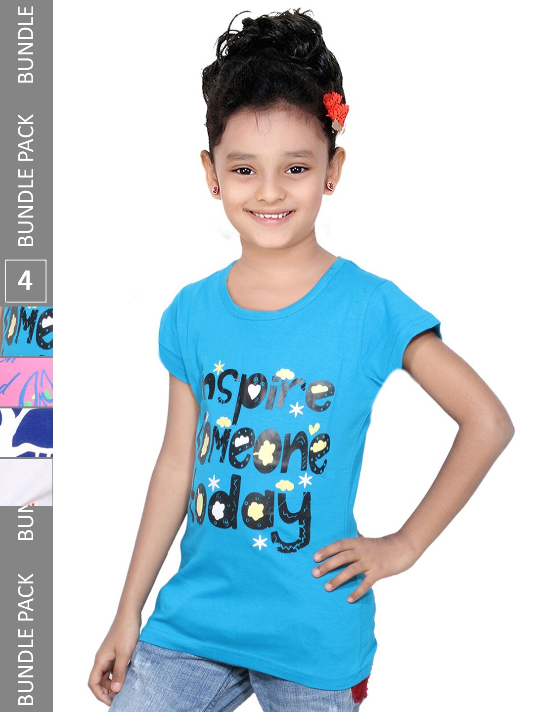

IndiWeaves Girls Pack Of 4 Printed Short Sleeves Cotton T-shirt, Blue