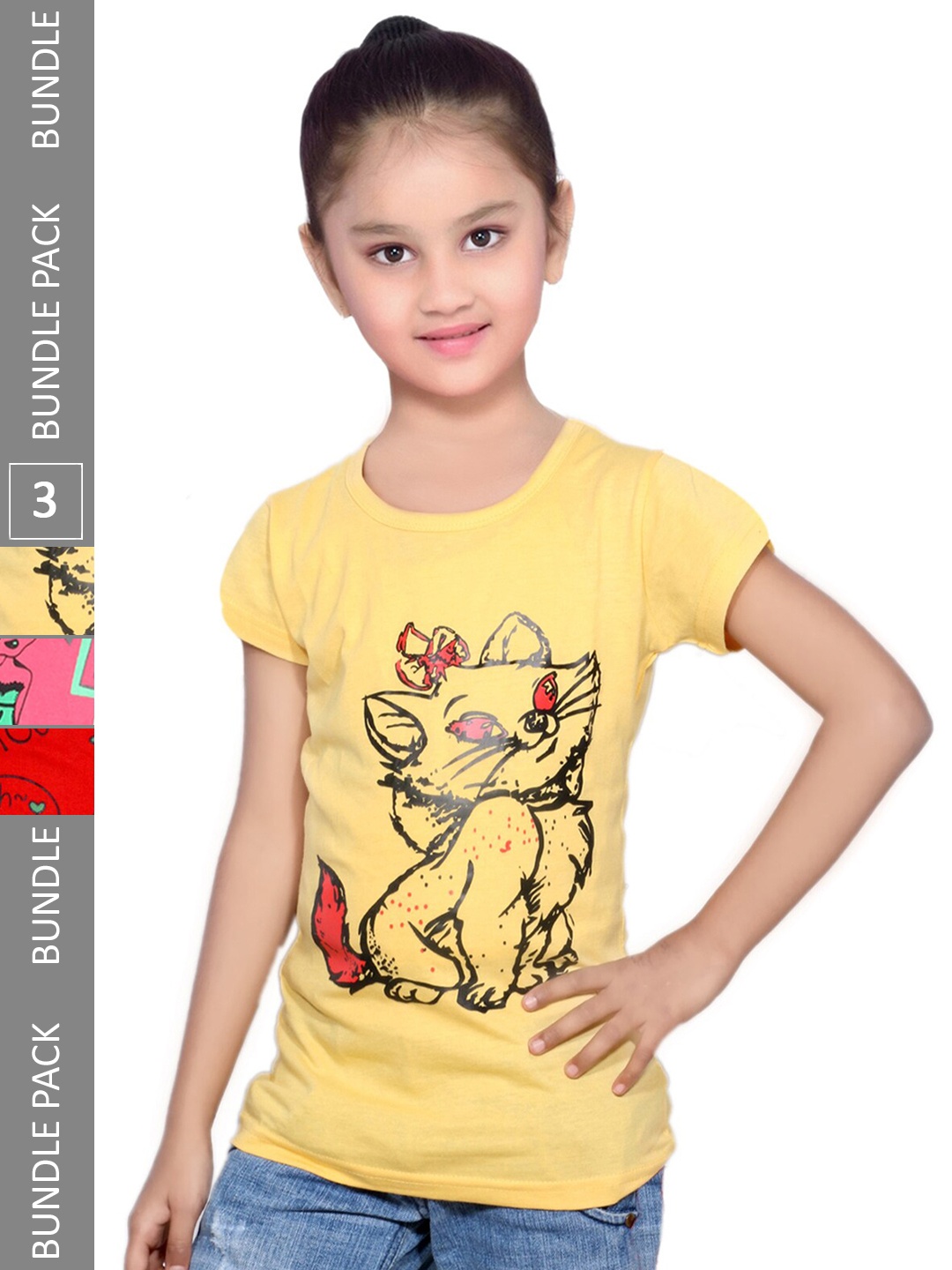 

IndiWeaves Girls Pack Of 3 Conversational Printed Cotton T-shirt, Yellow