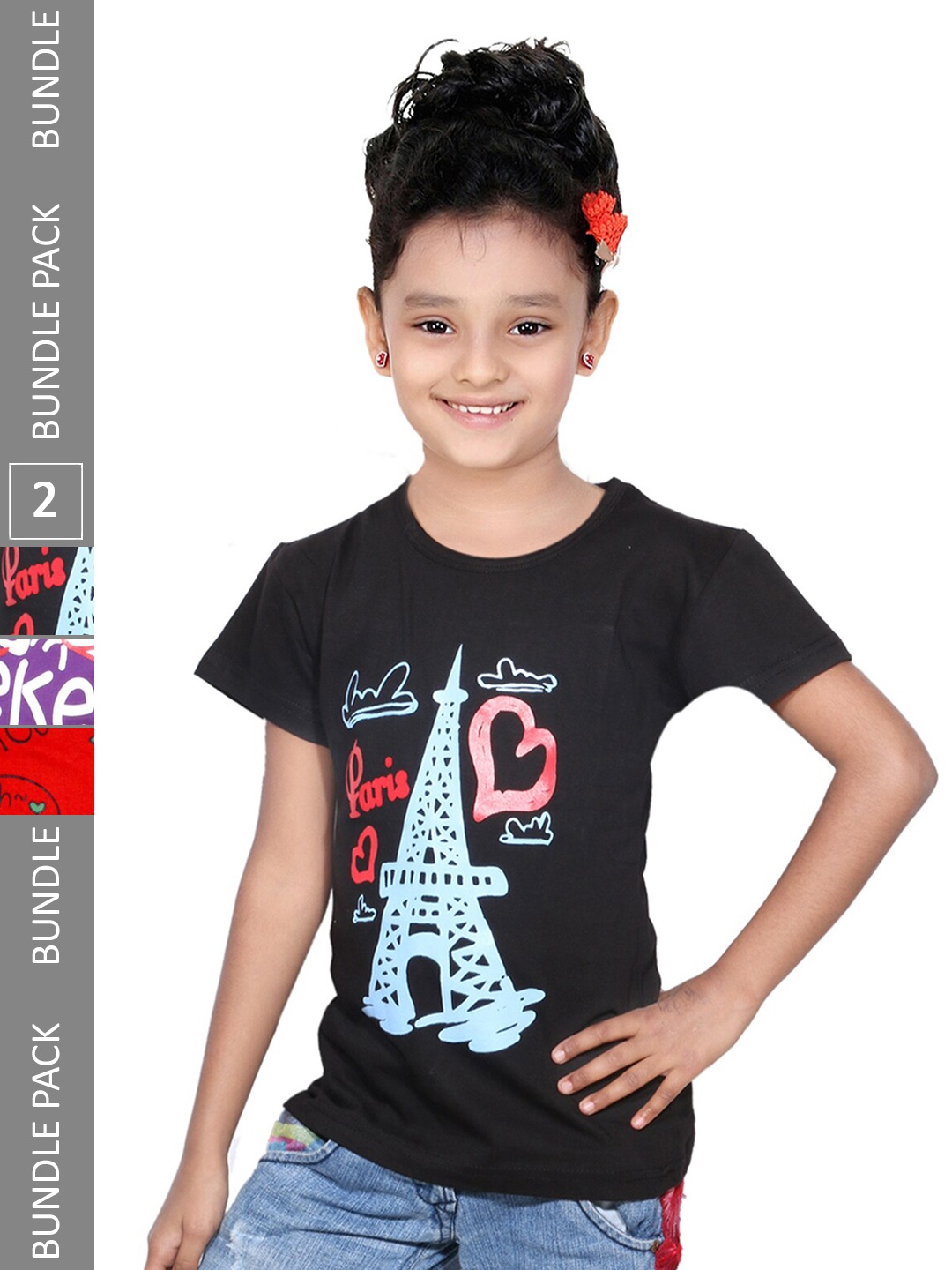 

IndiWeaves Girls Pack Of 2 Printed Pure Cotton T-shirts, Black
