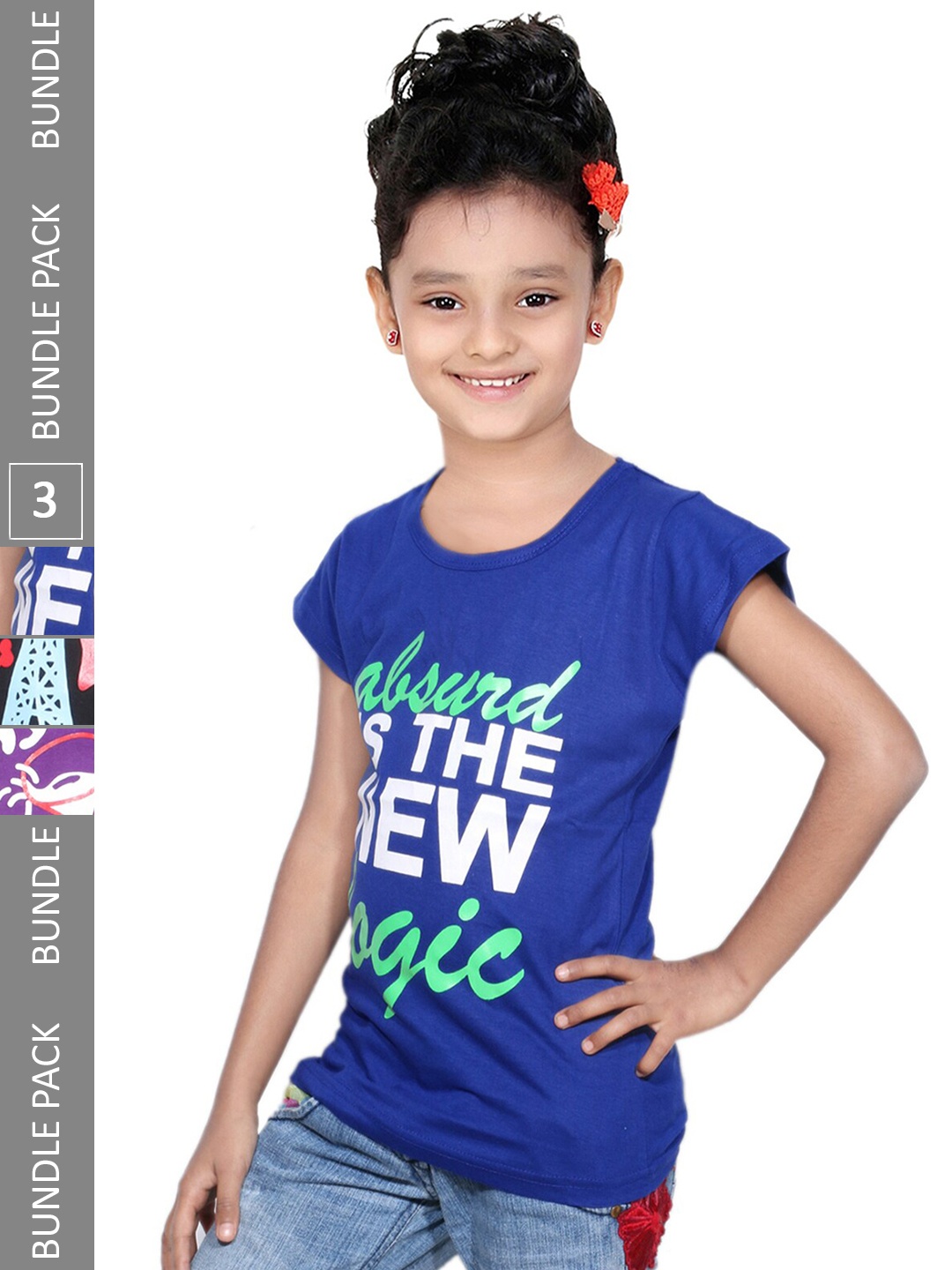 

IndiWeaves Girls Pack Of 3 Typographic Printed Cotton T-shirt, Blue