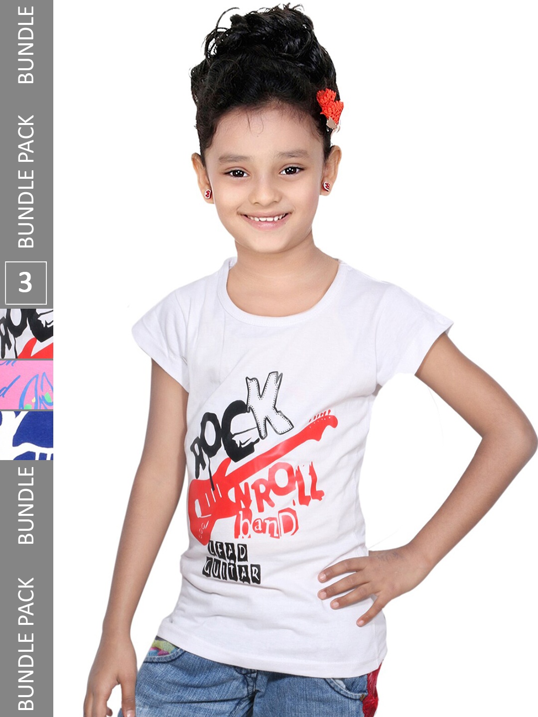 

IndiWeaves Girls Pack Of 3 Typographic Printed Cotton T-shirt, White