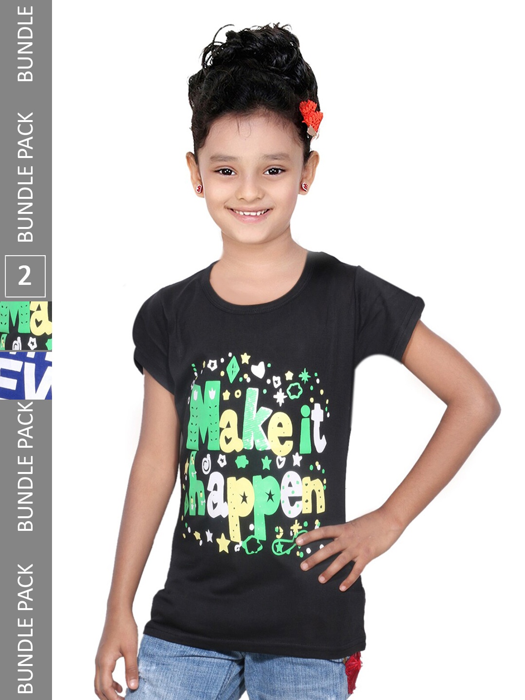 

IndiWeaves Girls Pack of 2 Typography Printed Cotton T-shirt, Black