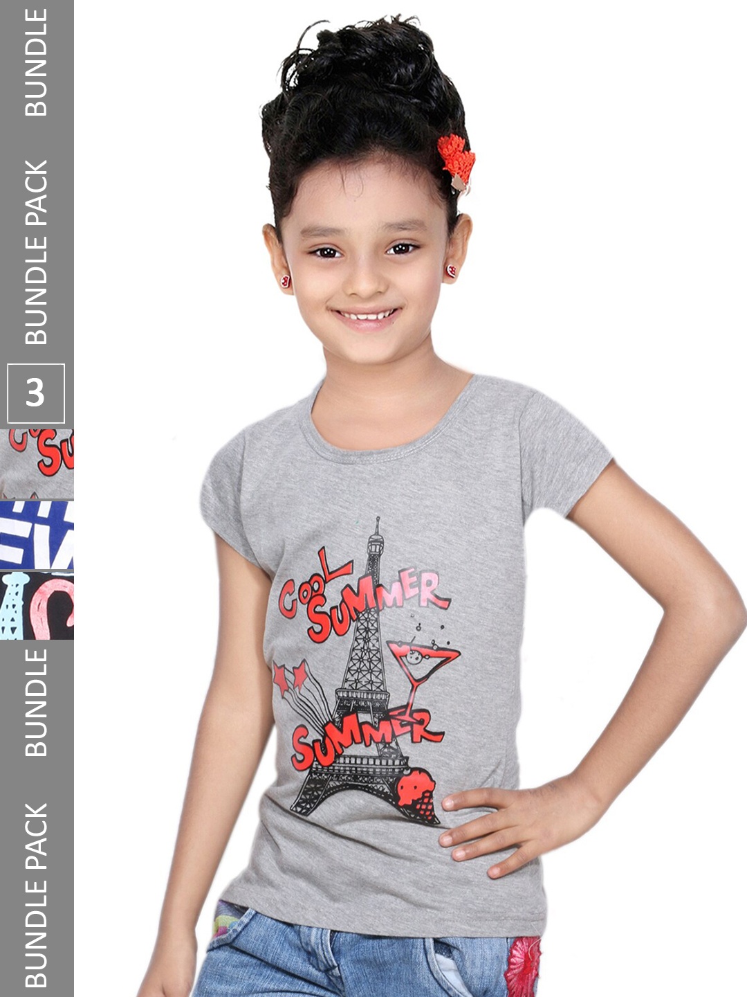 

IndiWeaves Girls Pack Of 3 Graphic Printed Cotton Regular T-shirts, Grey