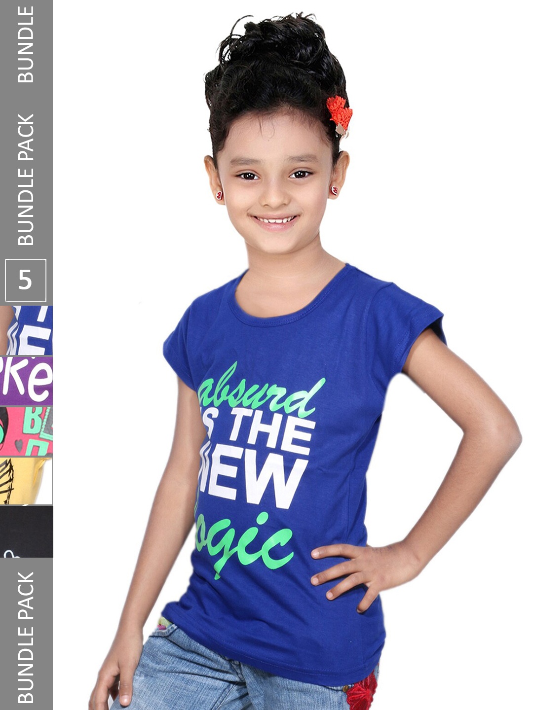 

IndiWeaves Girls Pack Of 5 Printed Pure Cotton T-shirt, Blue