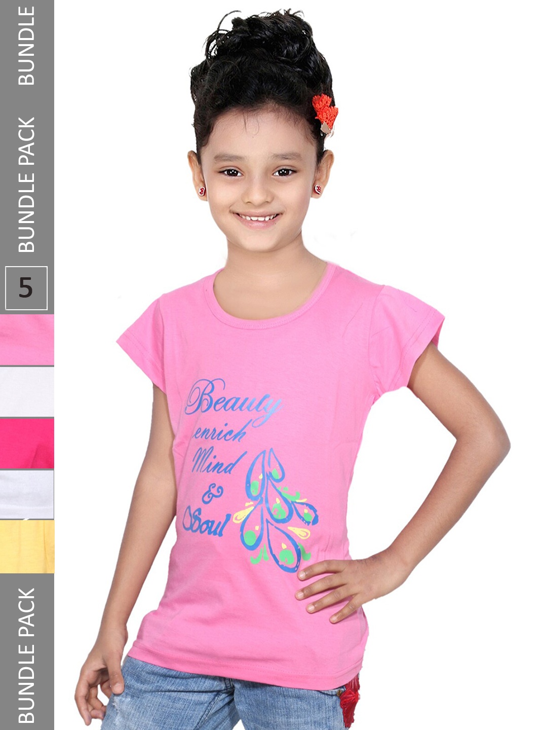 

IndiWeaves Girls Pack Of 5 Printed Round Neck Cotton T-shirt, Pink