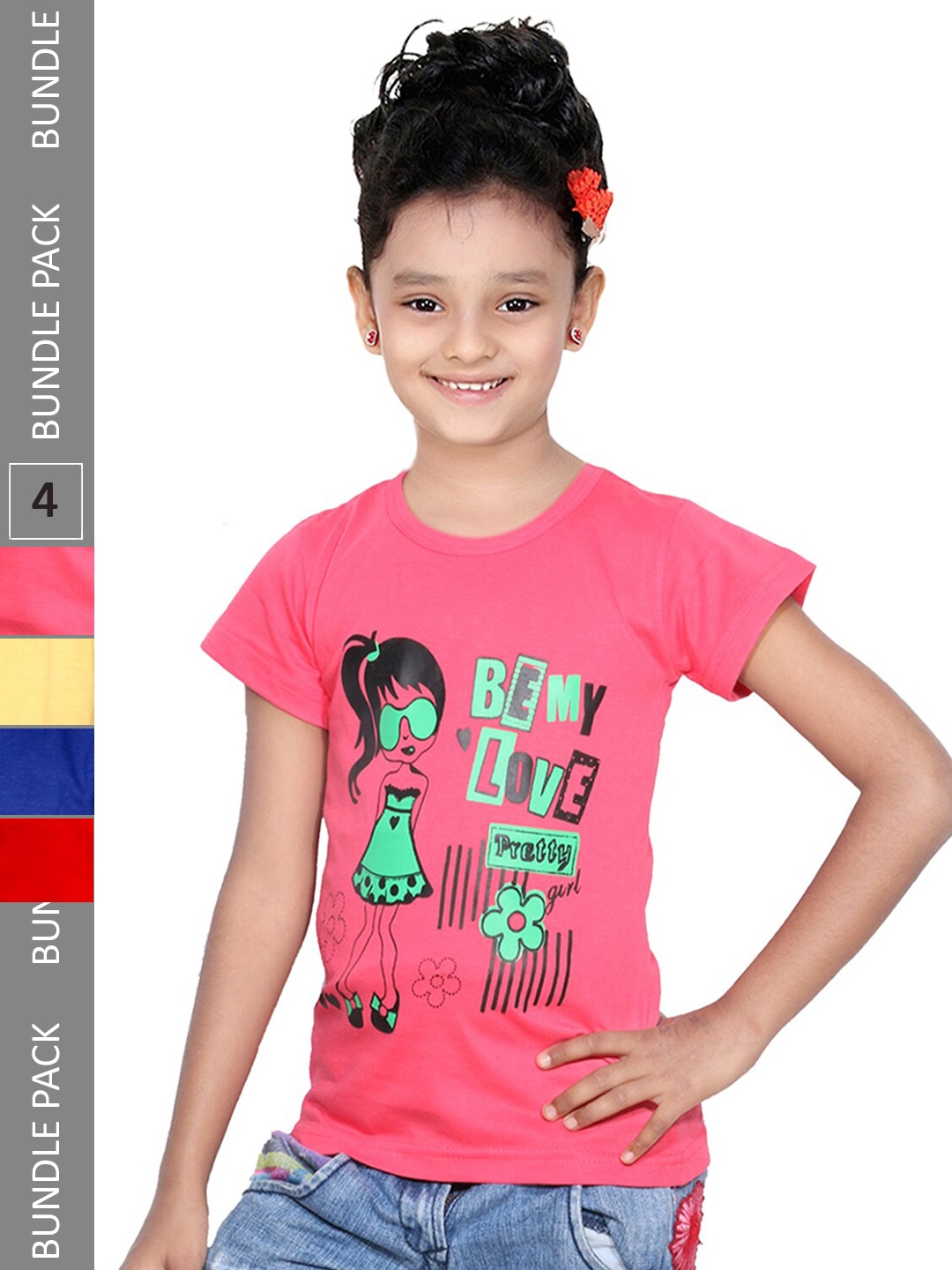 

IndiWeaves Girls Pack Of 4 Printed Pure Cotton T-shirts, Pink