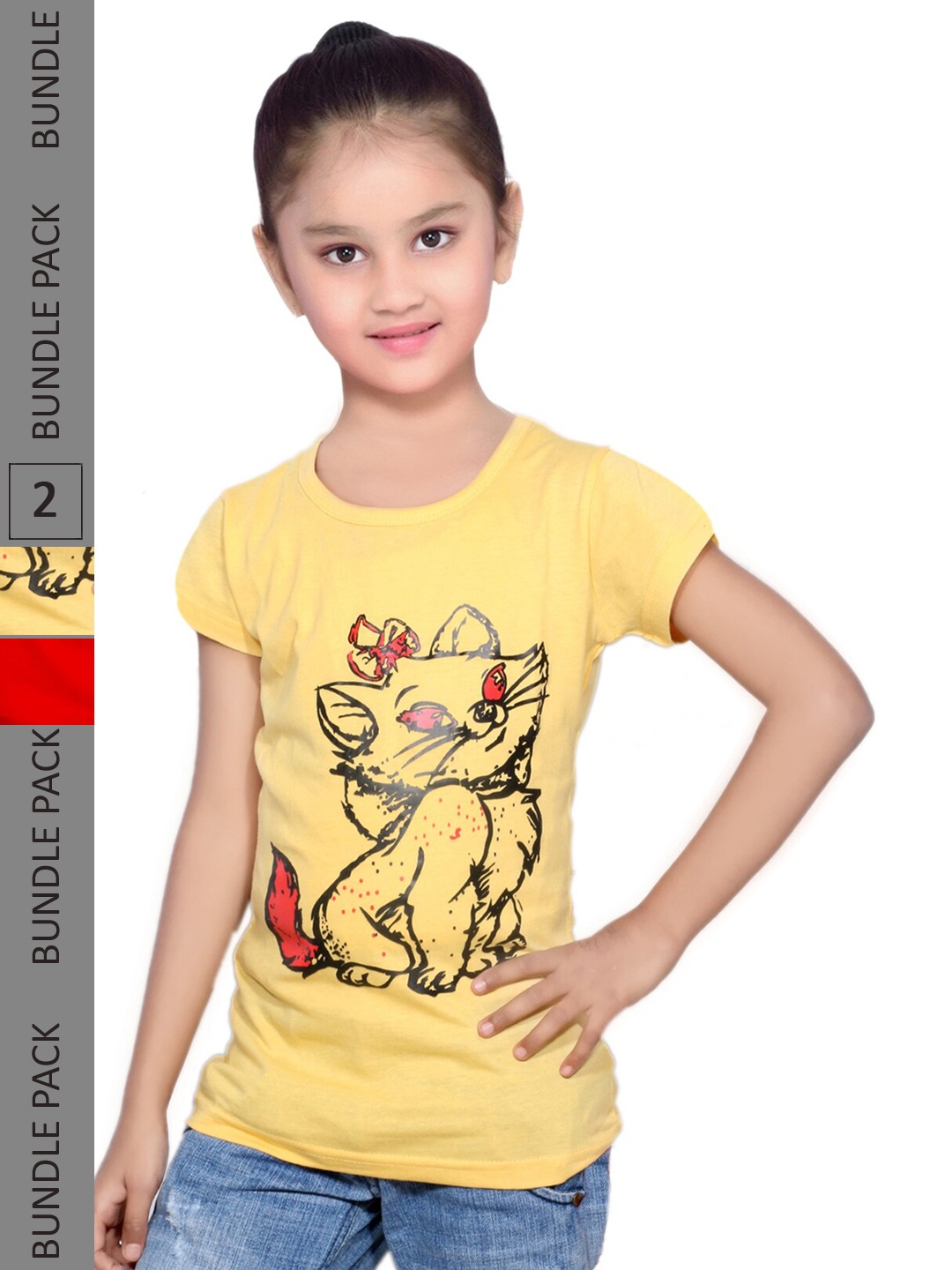 

IndiWeaves Girls Pack Of 2 Conversational Printed Cotton T-shirt, Yellow