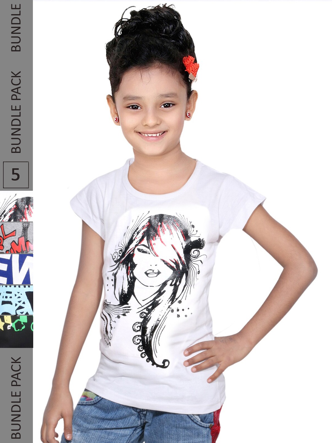 

IndiWeaves Girls Pack of 5 Typography Printed Regular Fit Cotton T-shirt, White