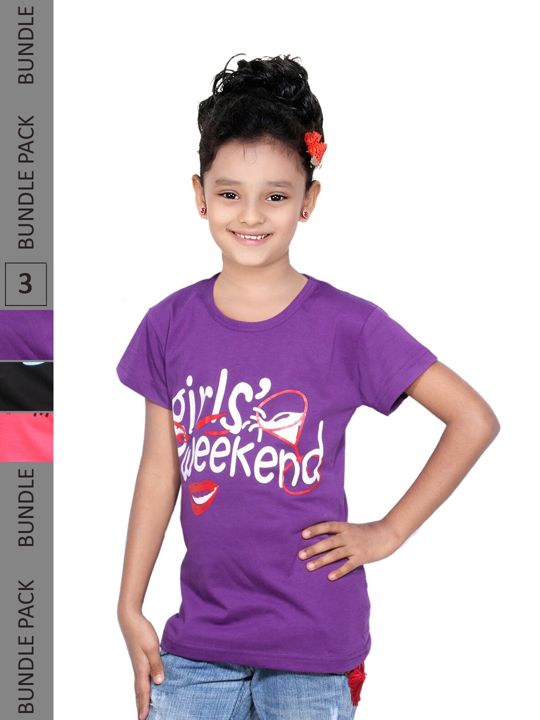 

IndiWeaves Girls Pack Of 3 Typographic Printed Cotton T-shirt, Purple