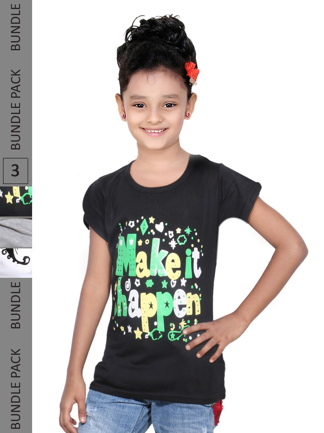 

IndiWeaves Girls Pack of 3 Typography Printed Regular Fit Cotton T-shirt, Black