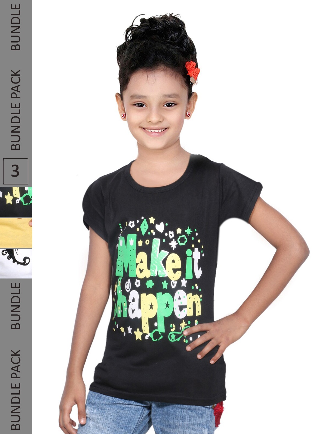 

IndiWeaves Girls Pack Of 3 Typography Printed Cotton T-shirt, Black