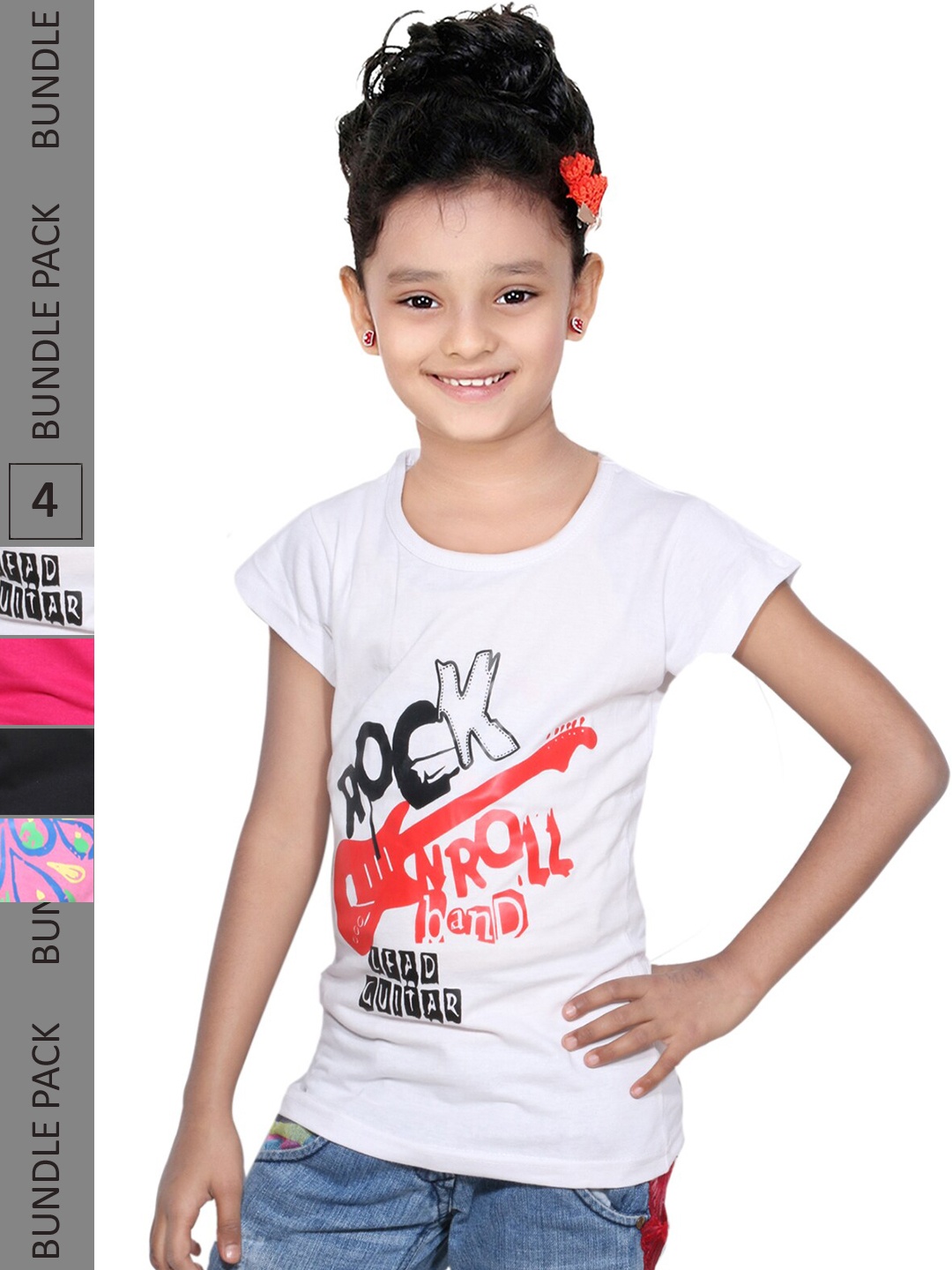 

IndiWeaves Girls Pack Of 4 Printed Pure Cotton T-shirts, White