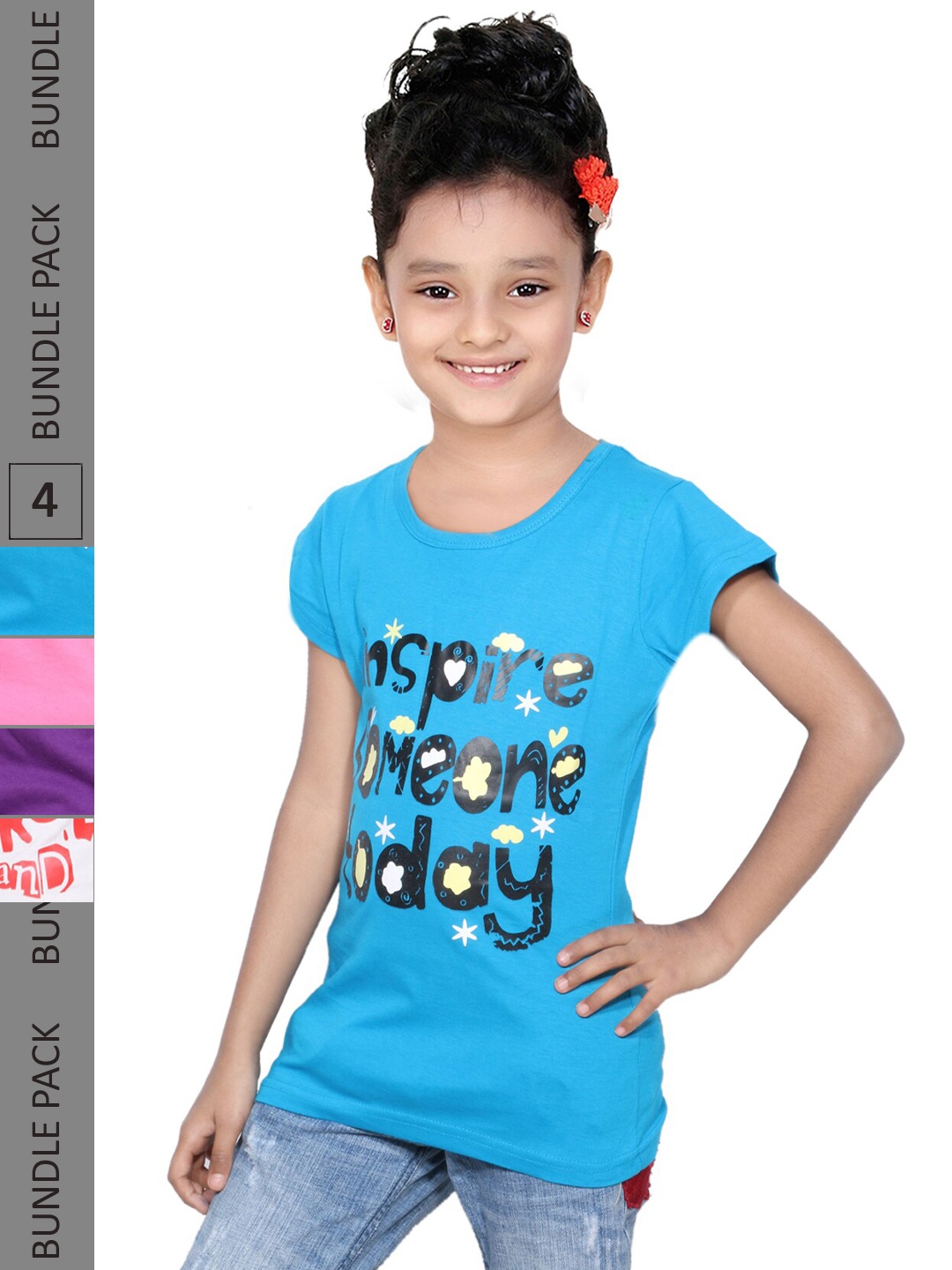 

IndiWeaves Girls Pack Of 4 Printed Pure Cotton T-shirt, Blue