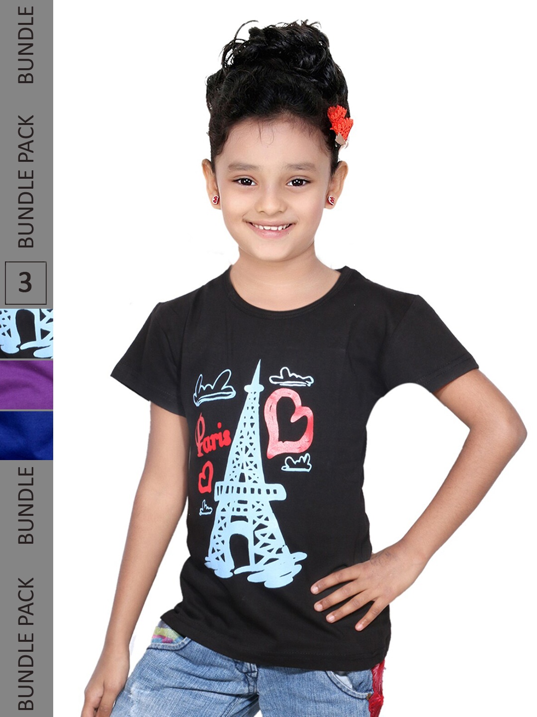 

IndiWeaves Girls Pack of 3 Typography Printed Regular Fit Cotton T-shirt, Black