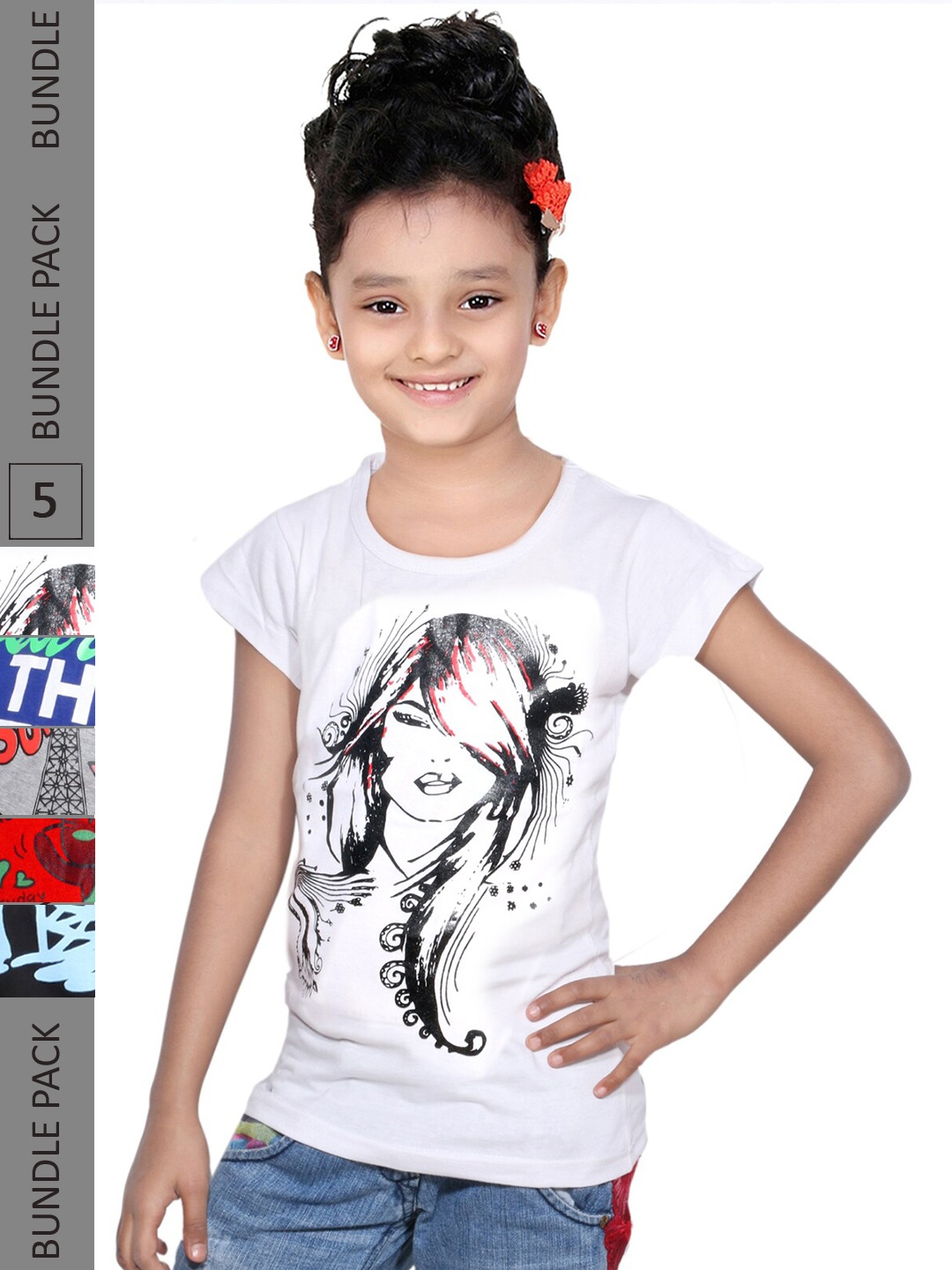 

IndiWeaves Girls Pack Of 5 Graphic Printed Cotton T-shirt, White