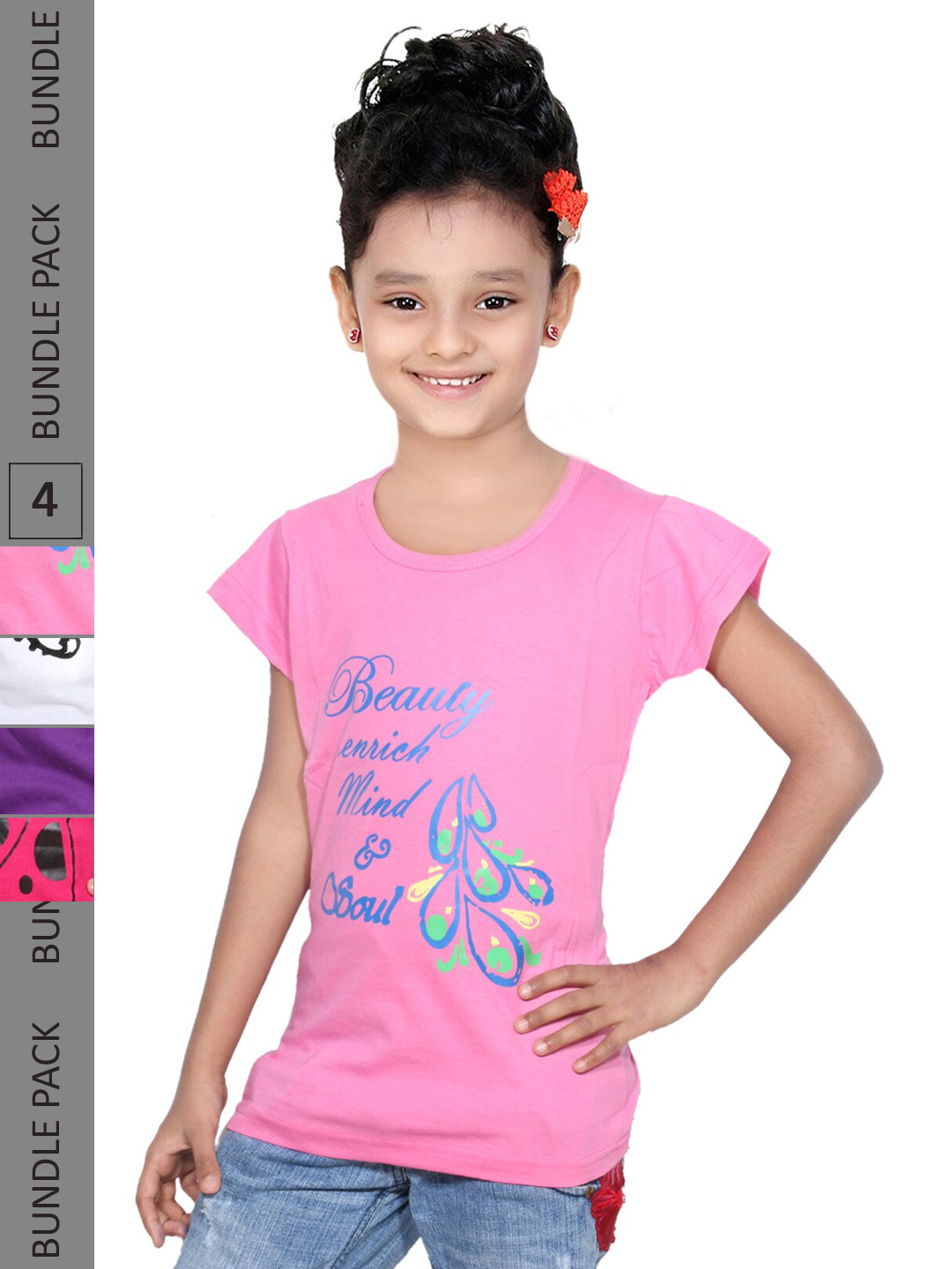 

IndiWeaves Girls Pack Of 4 Printed Cotton T-shirts, Pink