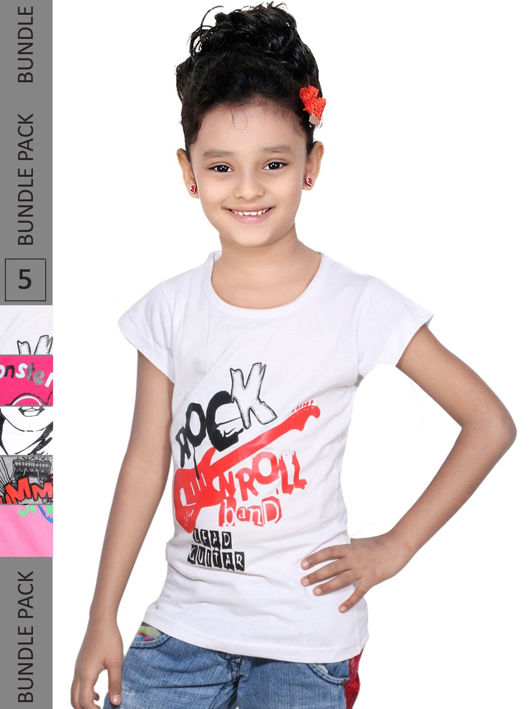 

IndiWeaves Girls Pack Of 5 Graphic Printed Pure Cotton T-shirt, White