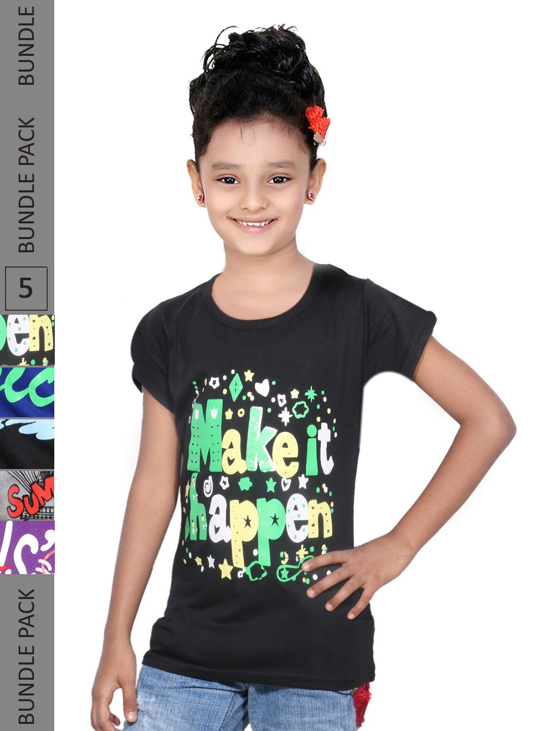 

IndiWeaves Girls Pack Of 5 Graphic Printed T-Shirt, Black