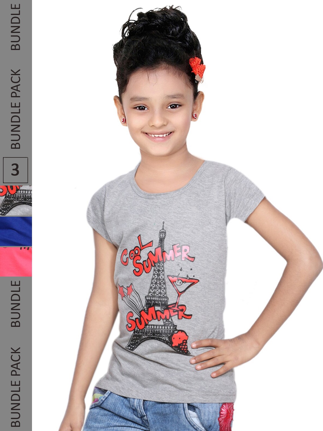 

IndiWeaves Girls Pack Of 3 Printed Cotton T-shirts, Grey