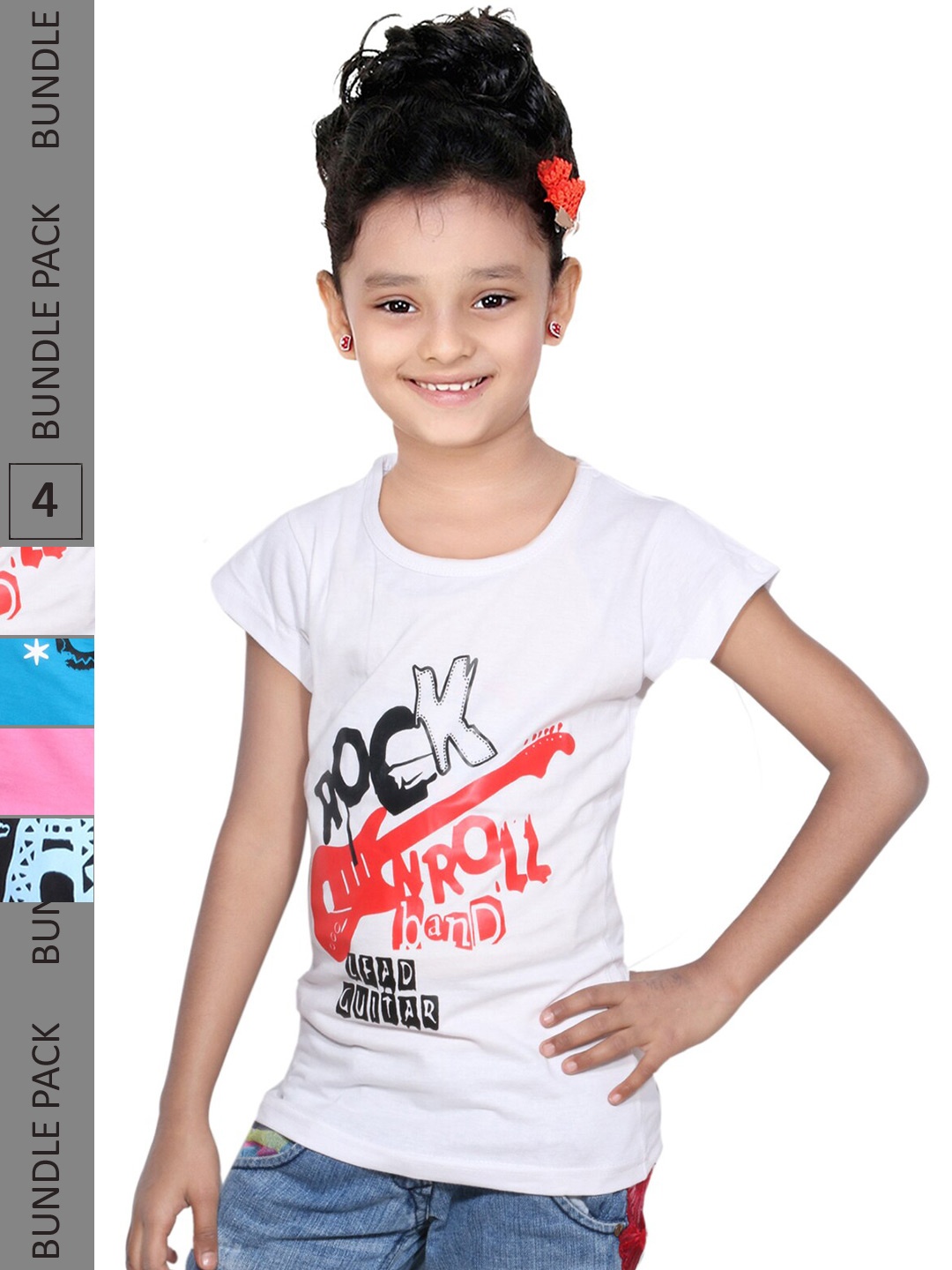 

IndiWeaves Girls Pack Of 4 Printed Round Neck Cotton T-shirt, White