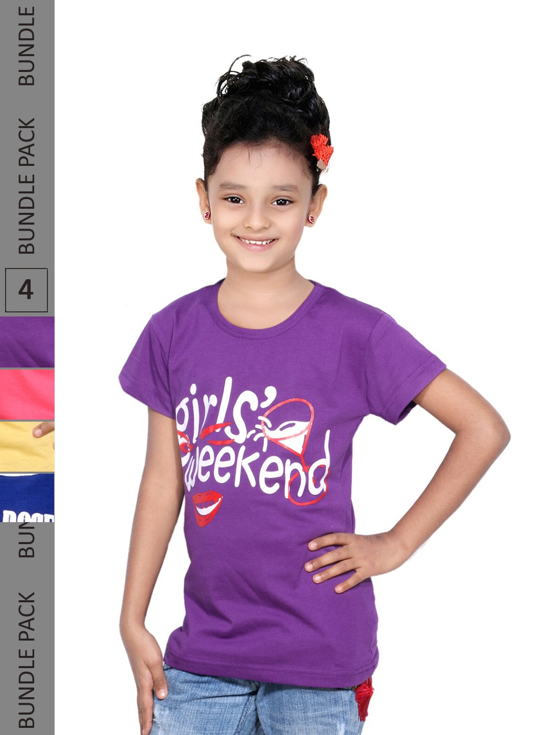 

IndiWeaves Girls Pack Of 4 Typography Printed Cotton T-shirt, Purple