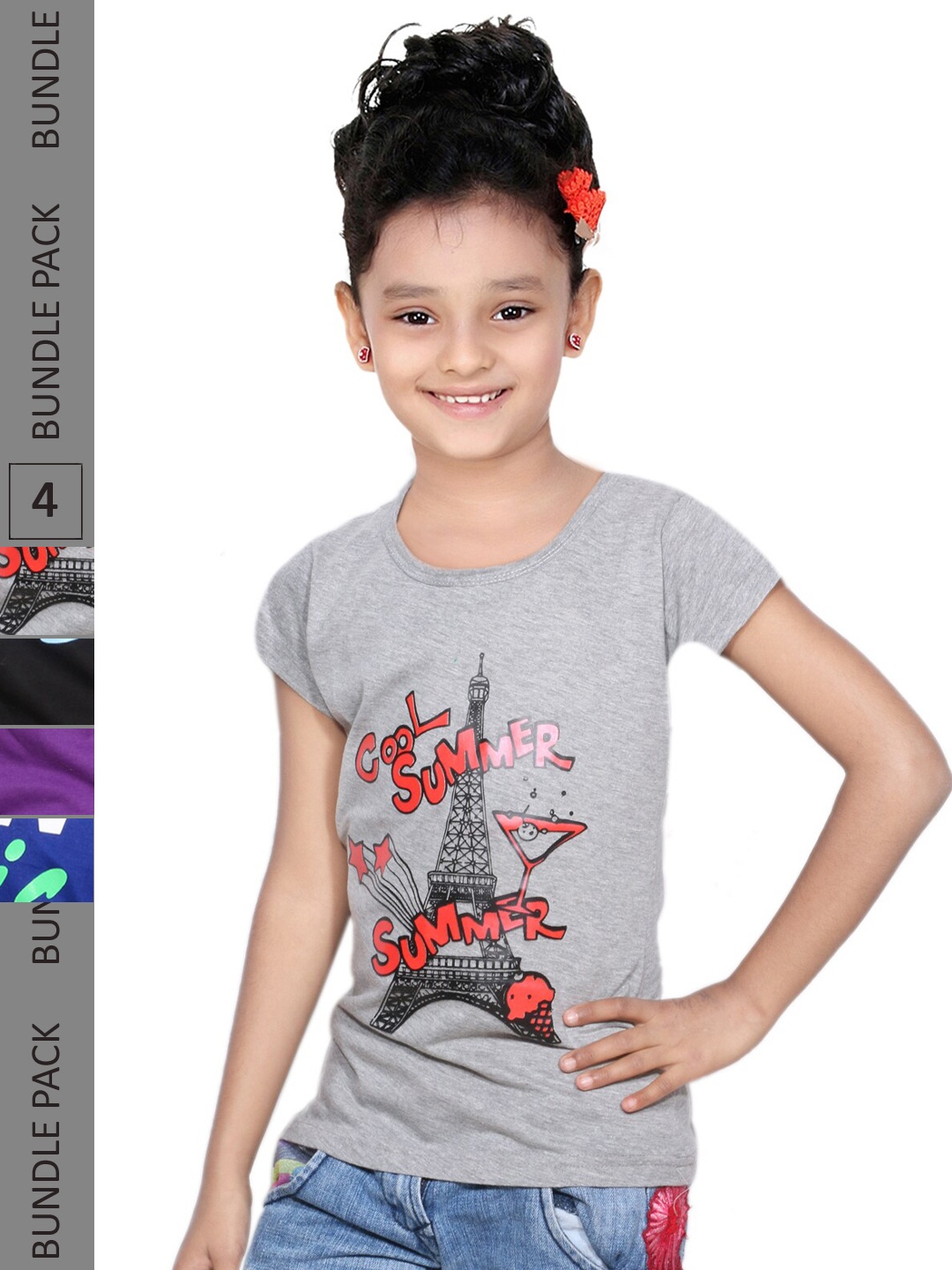 

IndiWeaves Girls Pack Of 4 Printed Pure Cotton T-shirt, Grey