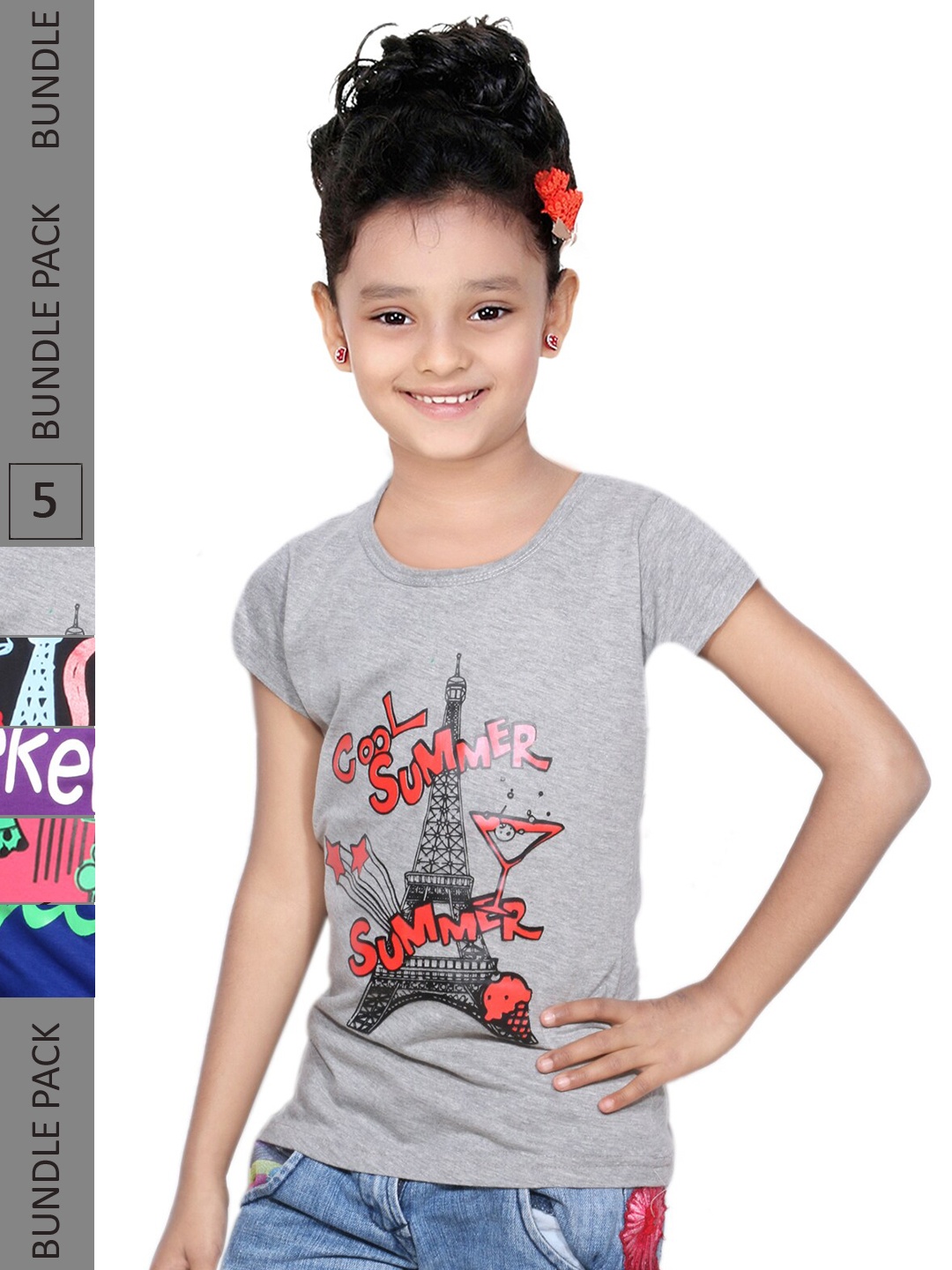 

IndiWeaves Girls Pack Of 5 Printed Short Sleeves Cotton T-shirt, Grey