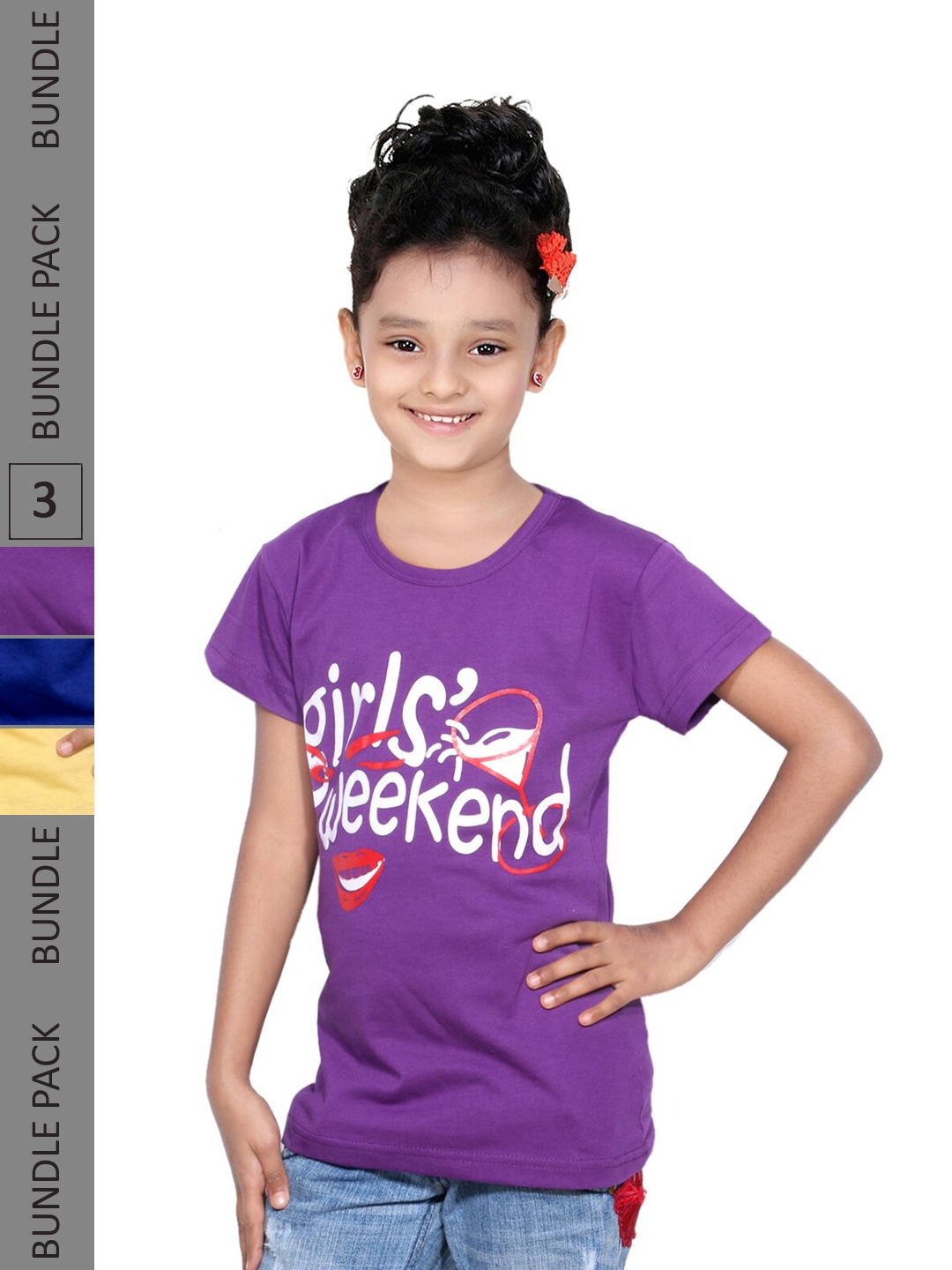 

IndiWeaves Girls Pack Of 3 Typography Printed Cotton T-shirt, Purple