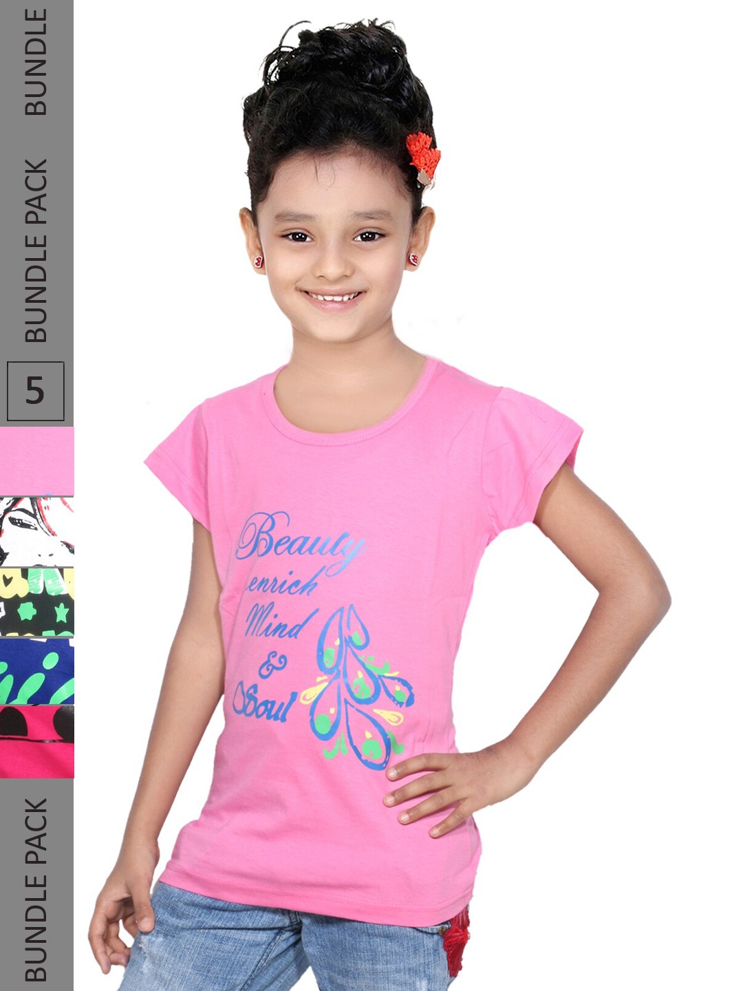 

IndiWeaves Girls Pack of 5 Graphic Printed Cotton T-shirt, Pink