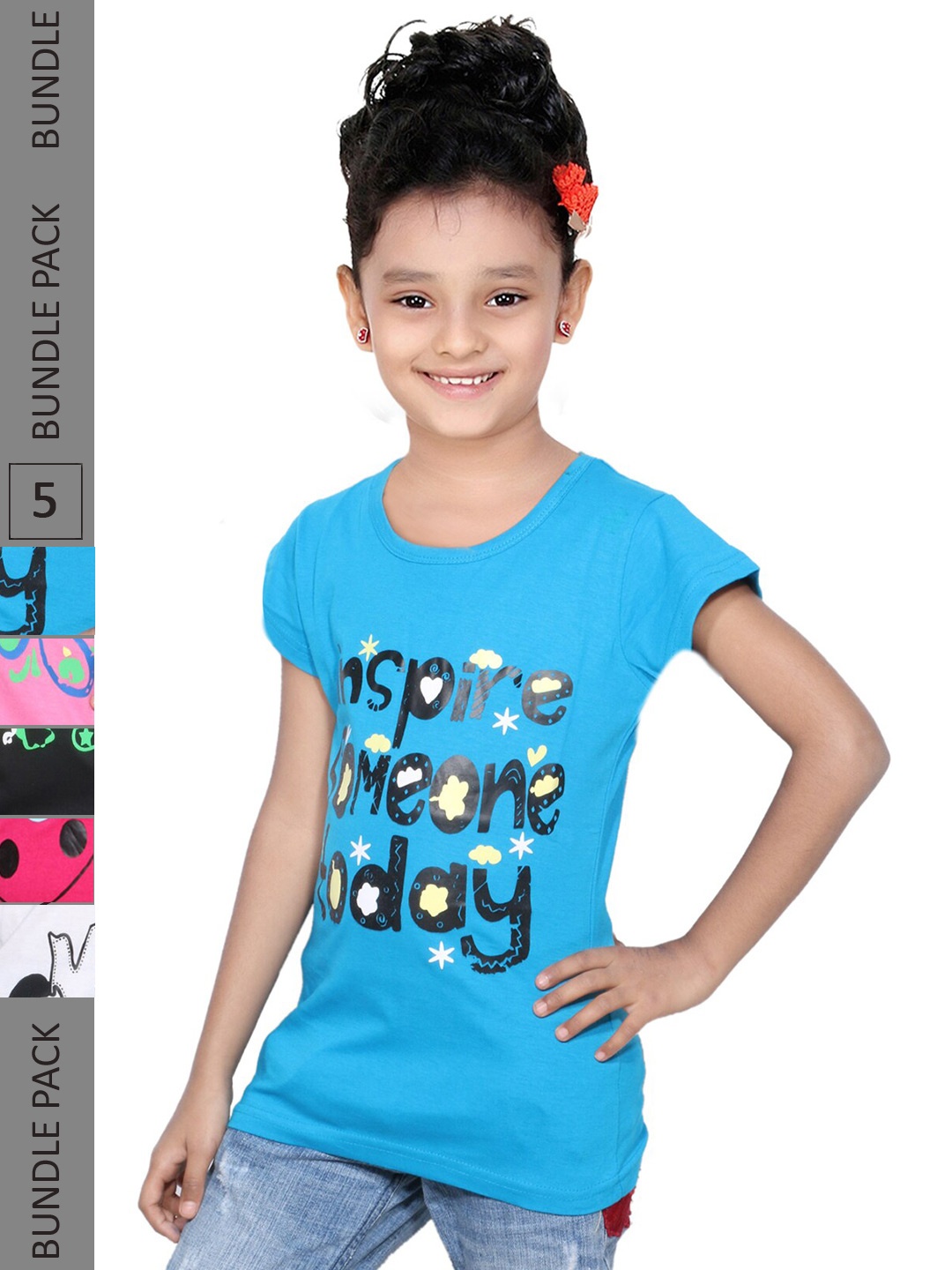 

IndiWeaves Girls Pack Of 5 Graphic Printed Pure Cotton T-shirt, Blue